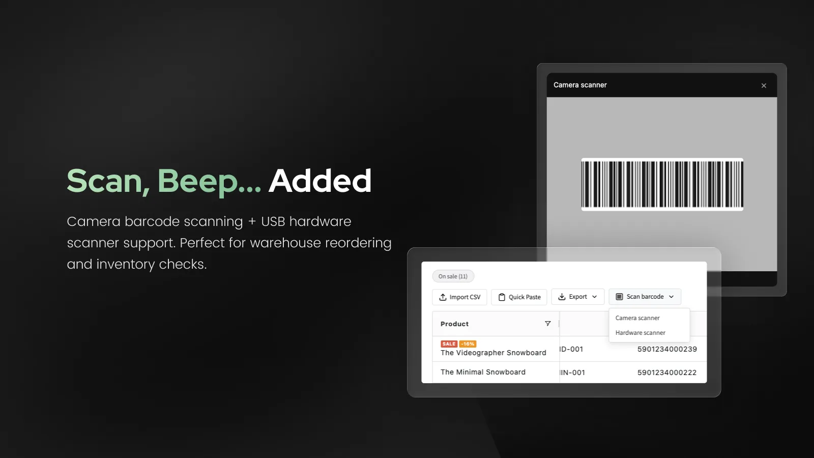 Camera barcode scanner and USB scanner options in Quick Order B2B Grid