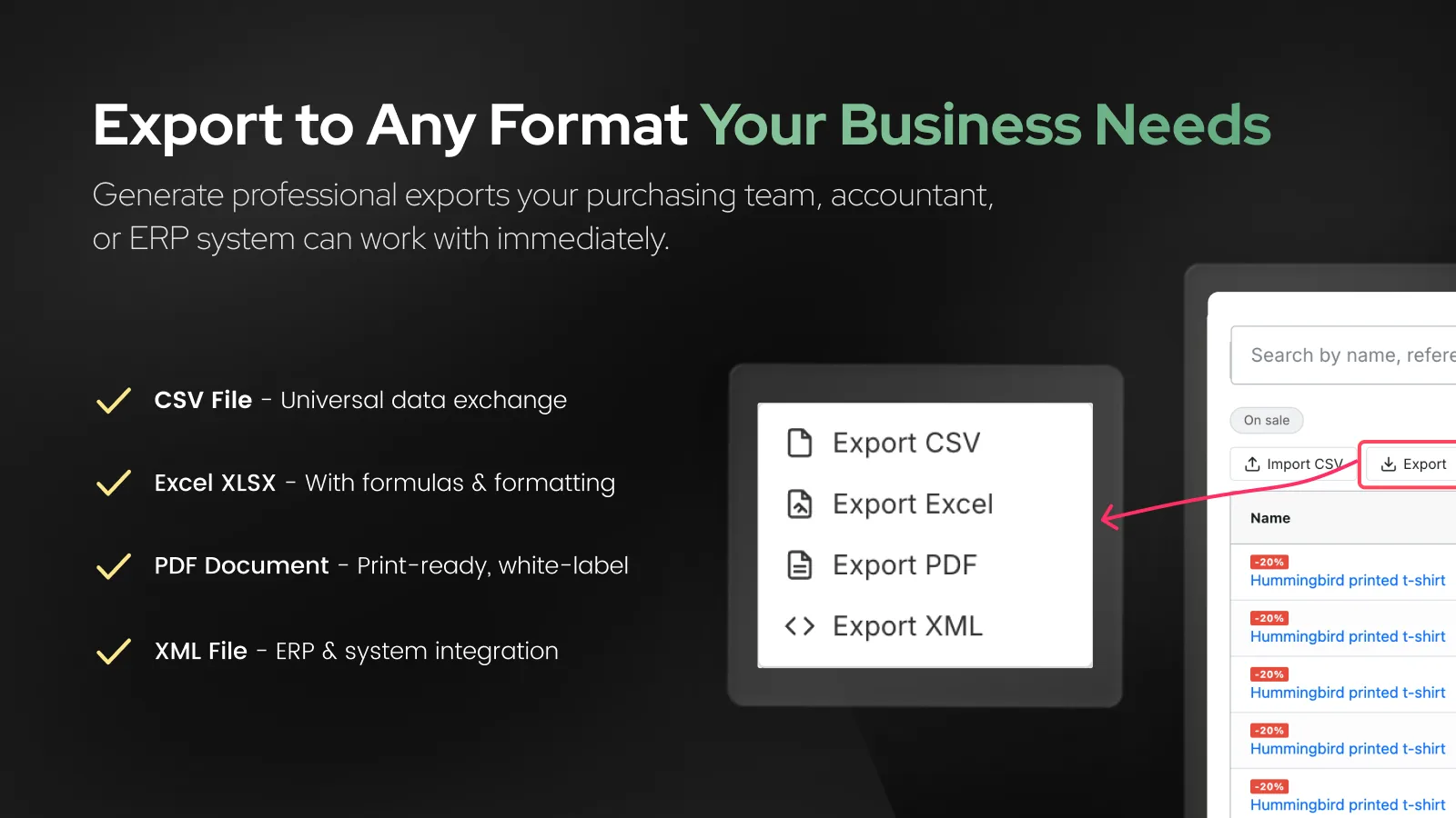 Export menu in Quick Order B2B Grid with CSV, Excel, PDF and XML options