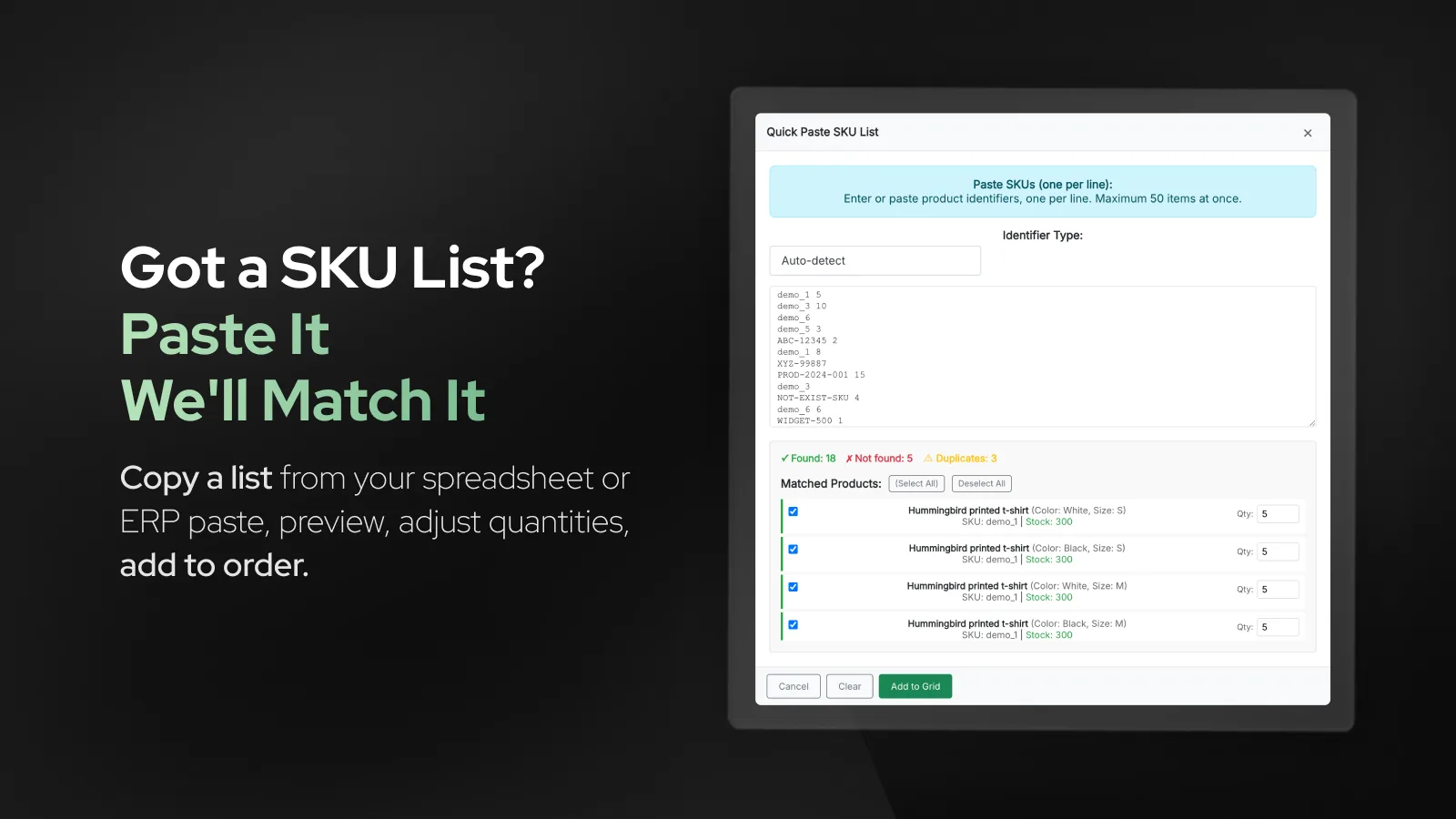 Quick Paste in Quick Order B2B Grid: a pasted SKU list matched to products, with found, not found and duplicate counts