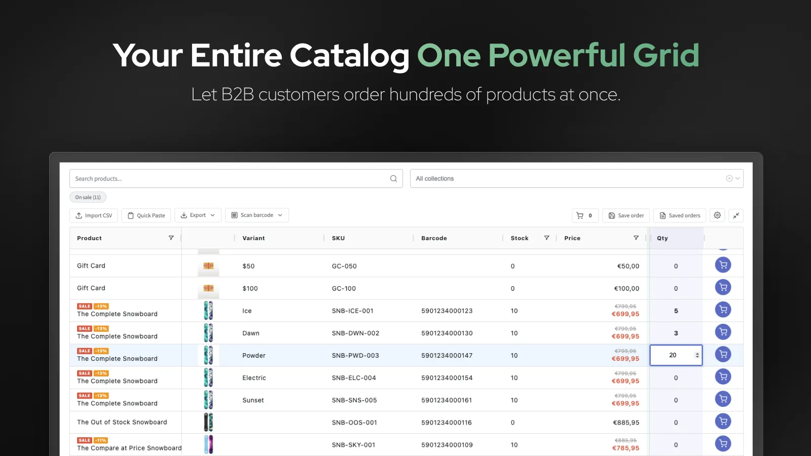 Quick Order B2B Grid on Shopify: the catalogue as one grid with SKU, barcode, stock, price and quantity columns