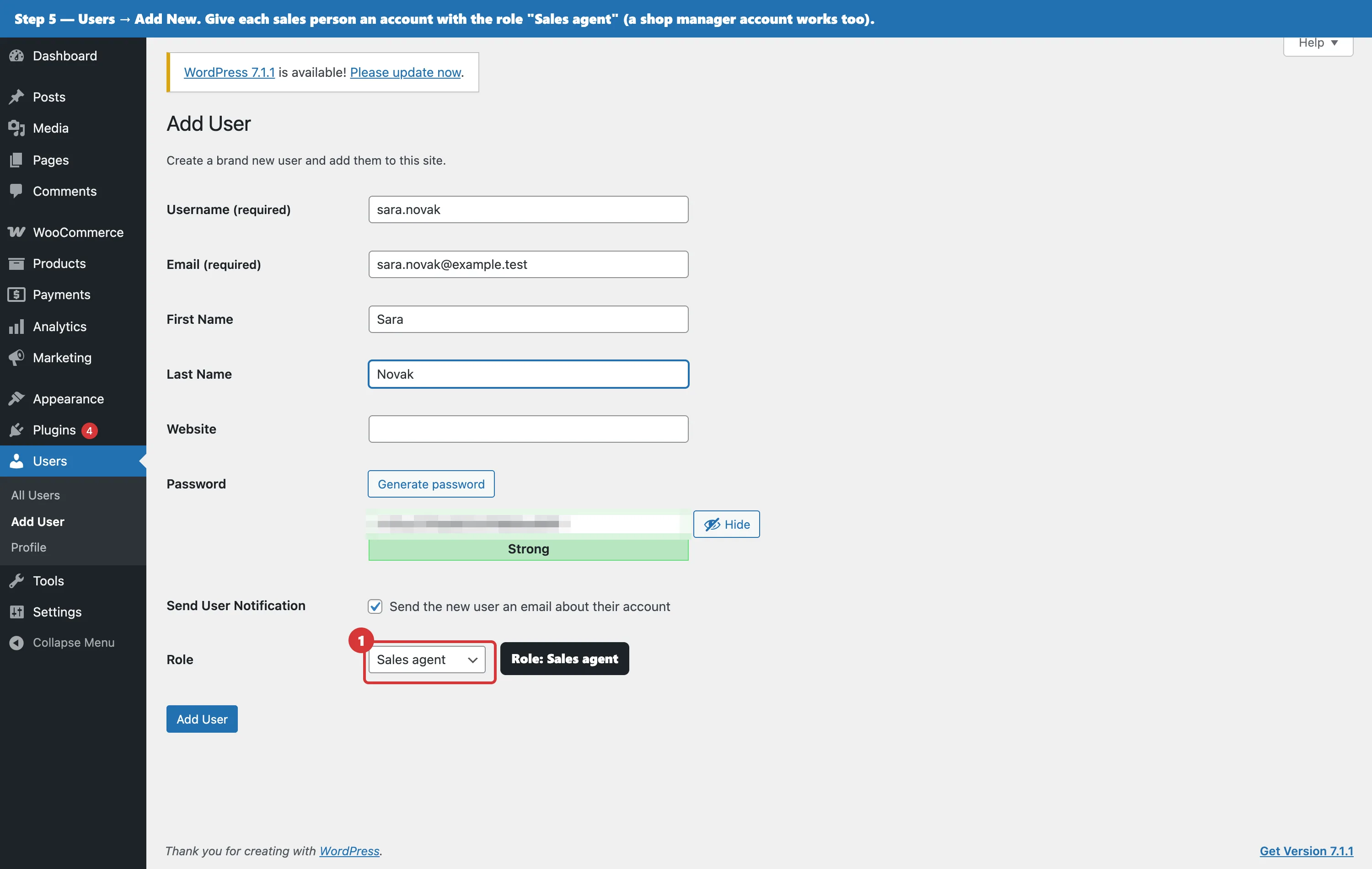 Adding a WordPress user with the Sales agent role so a sales rep can place orders for customers without admin access