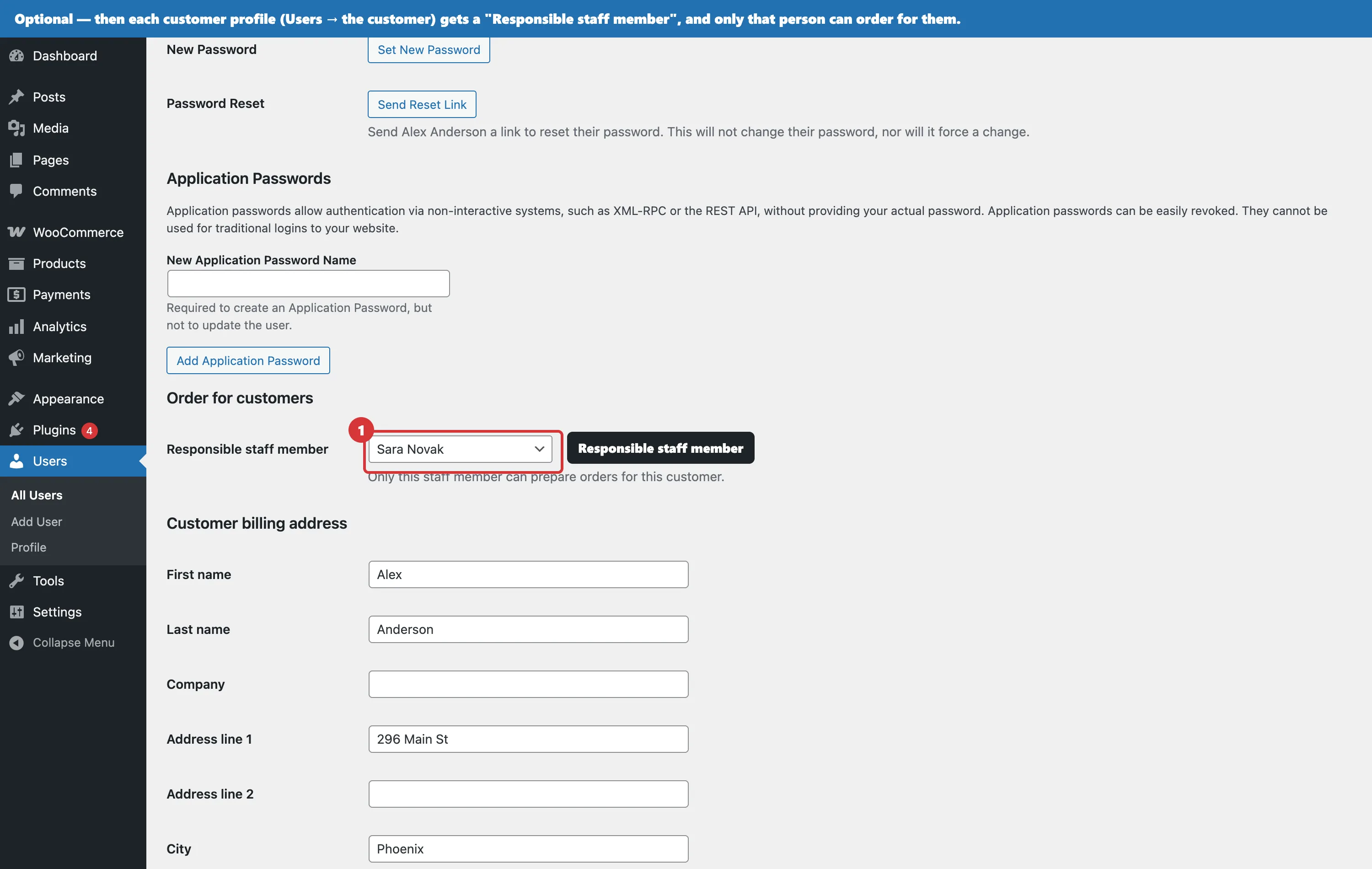 The Responsible staff member field on a WooCommerce customer profile, assigning the customer to a sales rep