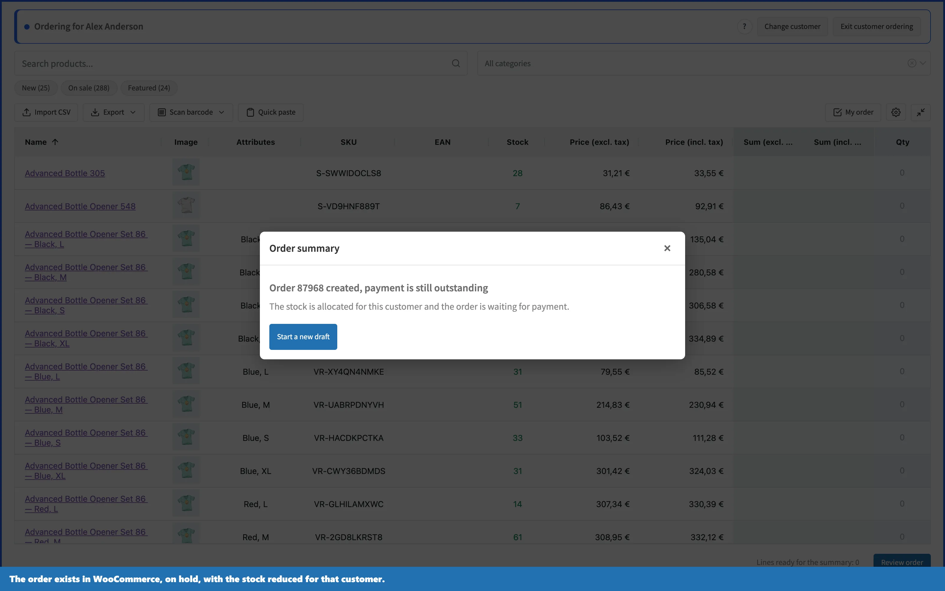 Confirmation that the WooCommerce order was created on hold and the stock allocated to the customer