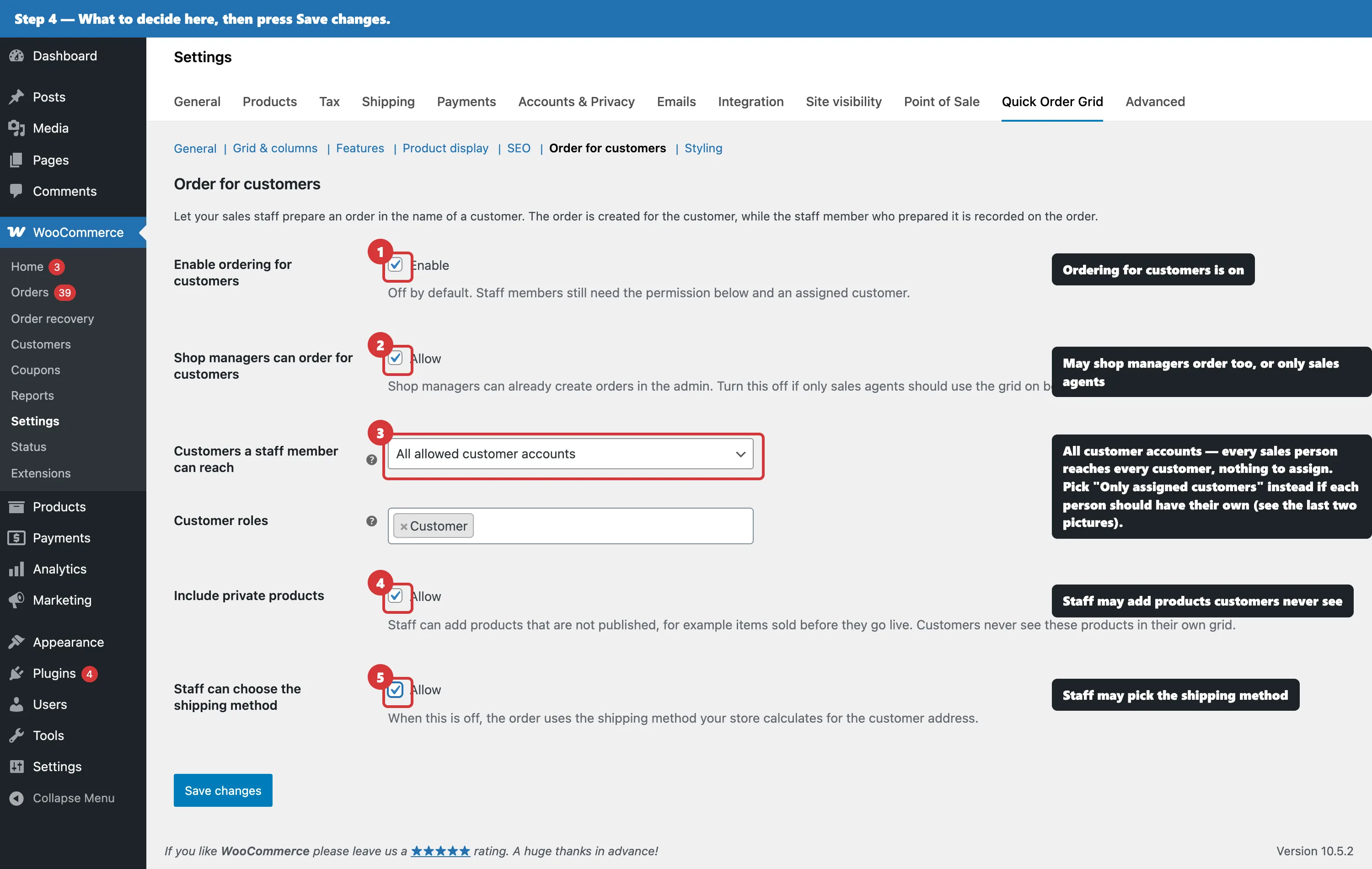 The Order for customers settings tab in WooCommerce, with the five options for staff ordering on behalf of customers annotated