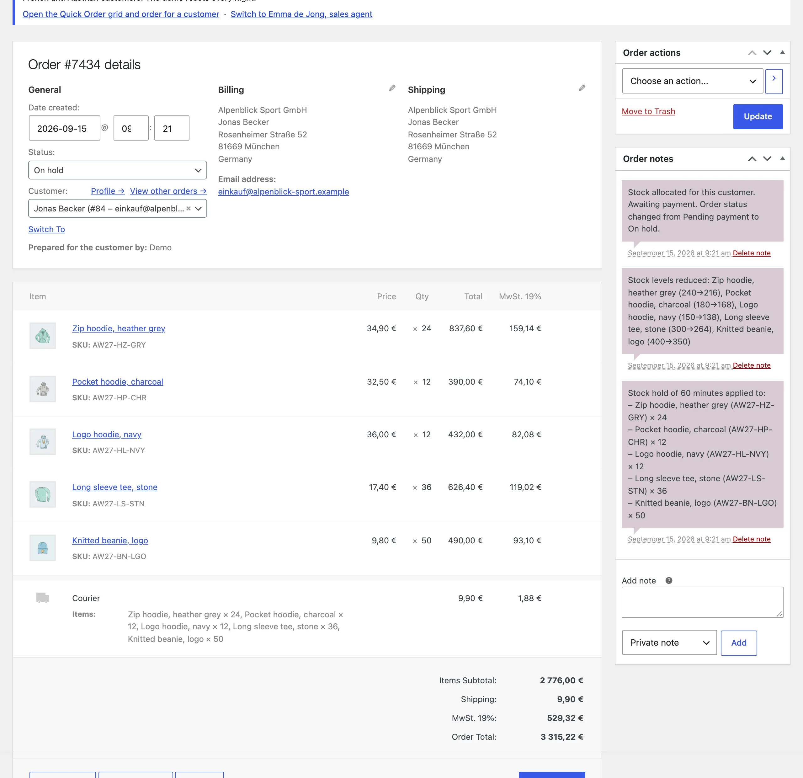 A WooCommerce order in the admin showing which sales agent prepared it on behalf of the customer