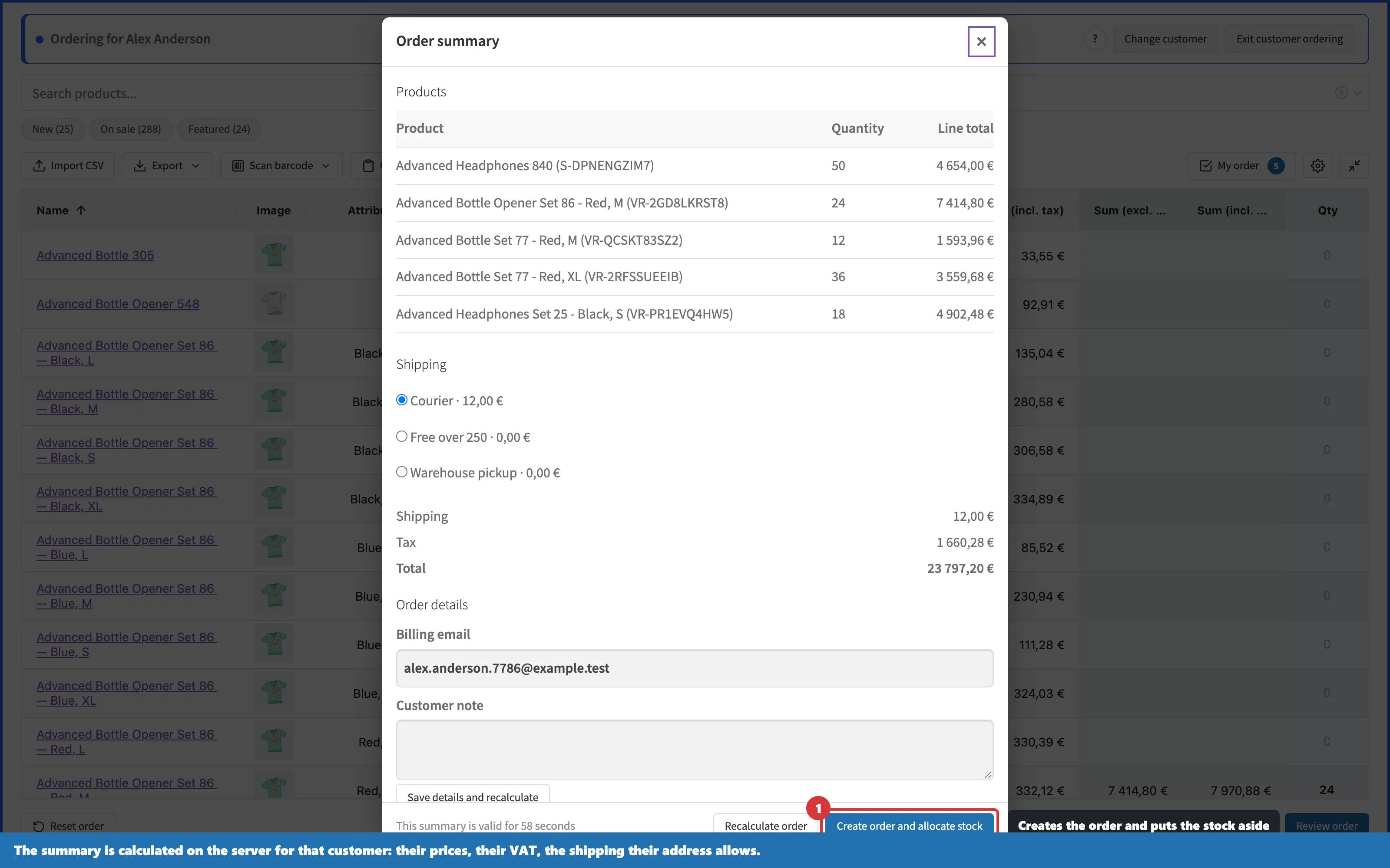 Order summary showing the customer's prices, tax and the shipping options their address allows
