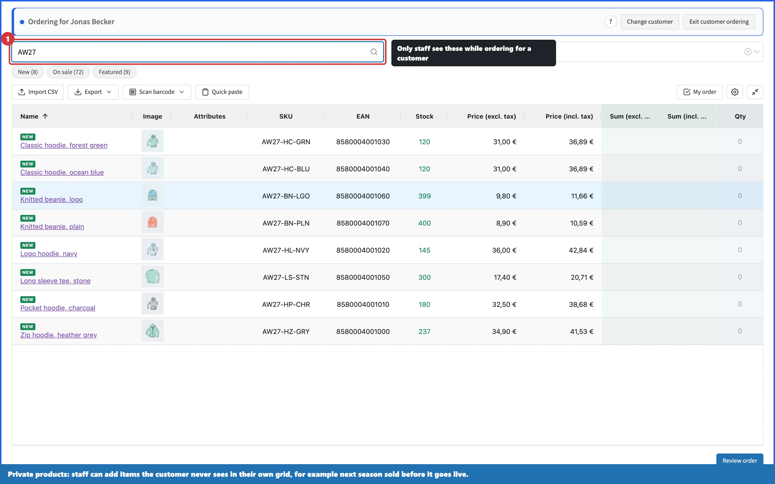 A private product collection visible to staff while ordering for a B2B customer, hidden from the customer's own grid