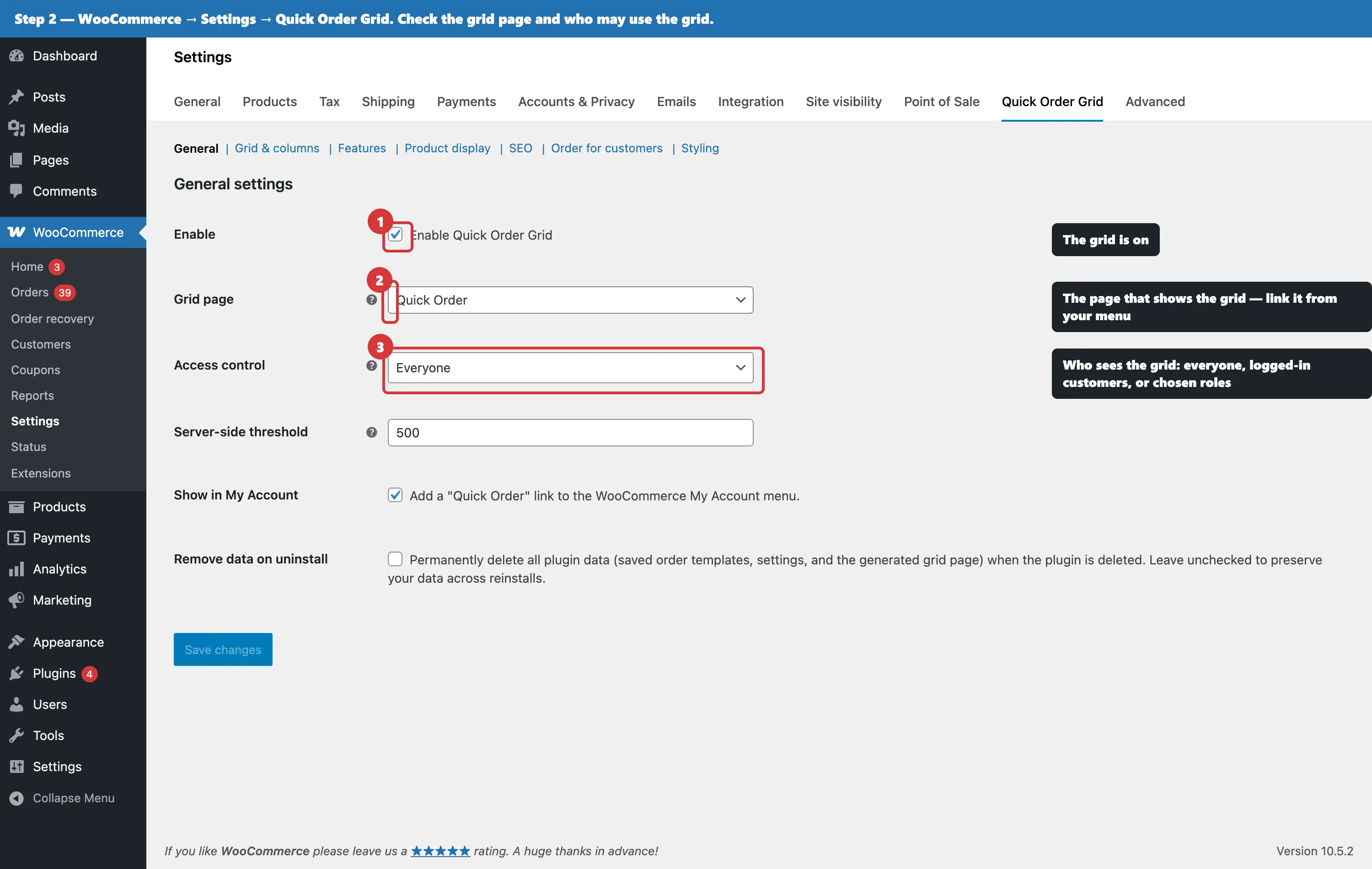 WooCommerce settings screen for the B2B quick order grid, showing the grid page selector and the access control option