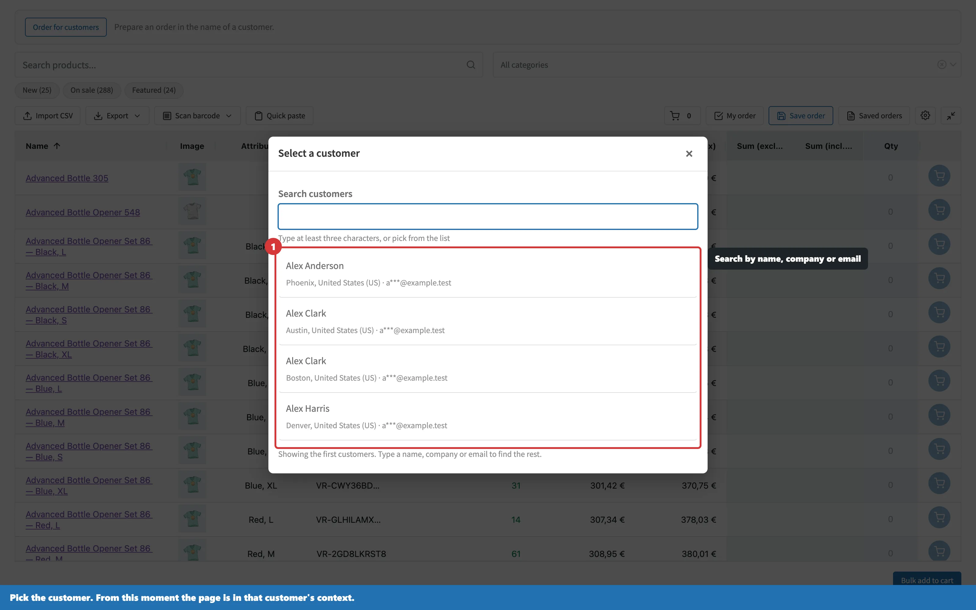 Selecting which customer account a sales rep is placing the order for