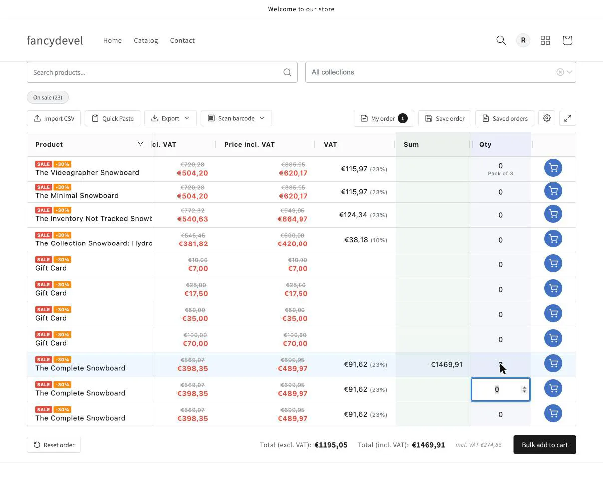 Shopify B2B order grid footer with net and gross totals side by side, EUR 1195.05 excluding VAT and EUR 1469.91 including VAT, after quantities are entered.