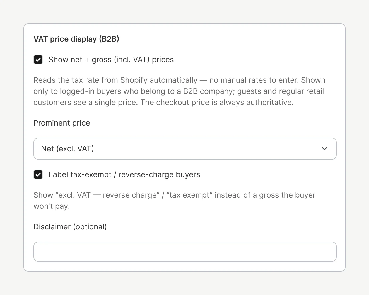 Quick Order B2B Grid settings in the Shopify admin: VAT price display for B2B with the option to show net plus gross prices, a prominent price selector set to net excluding VAT, and labels for tax-exempt and reverse-charge buyers.