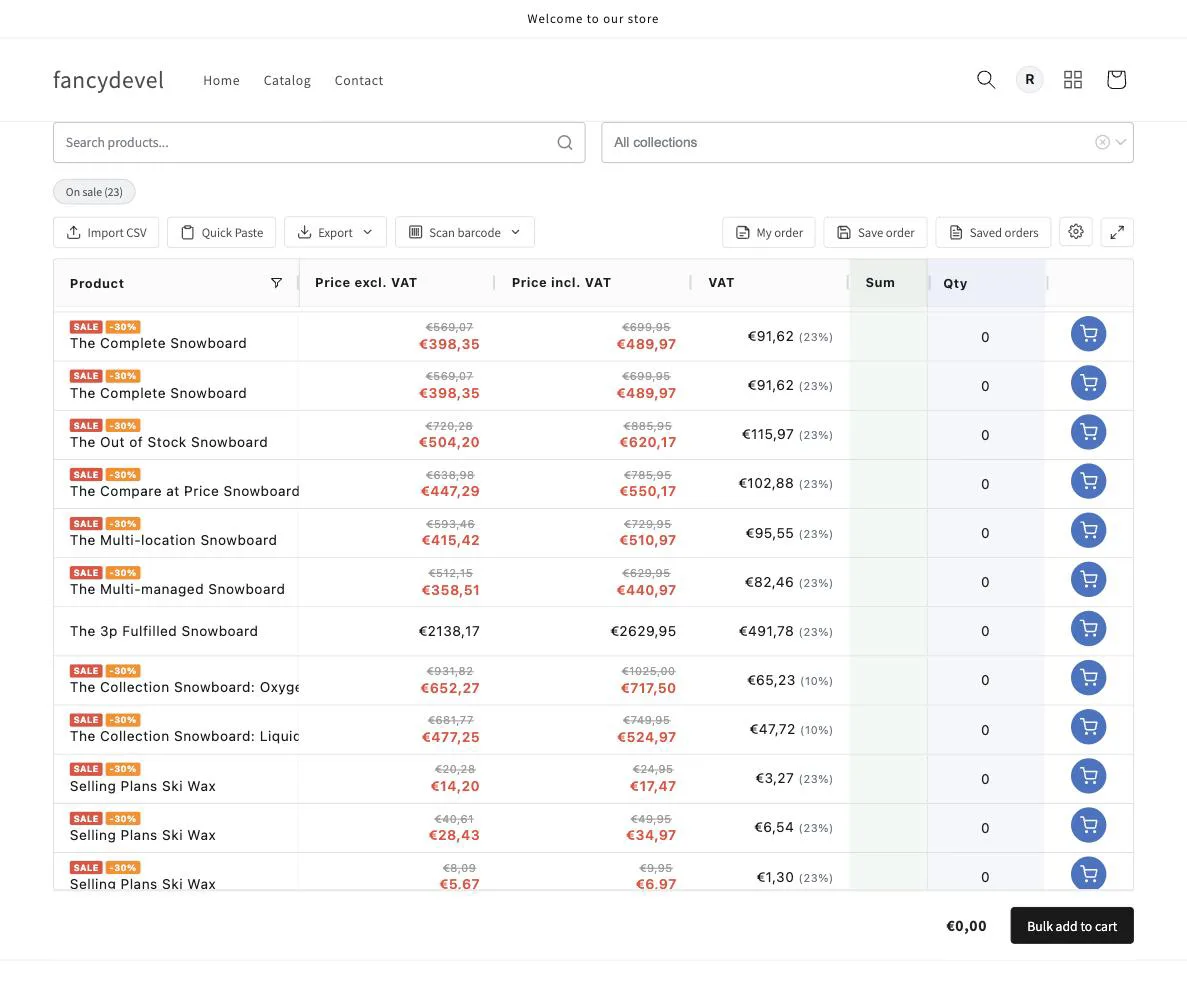 Shopify dual price display in a quick order grid: every product shows price excluding VAT, price including VAT and the VAT amount with its rate.