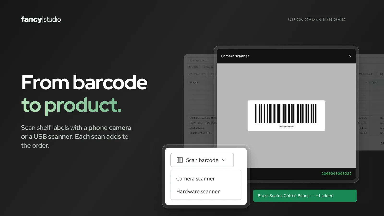Barcode scanning into the Shopify order grid with a camera or a USB scanner.