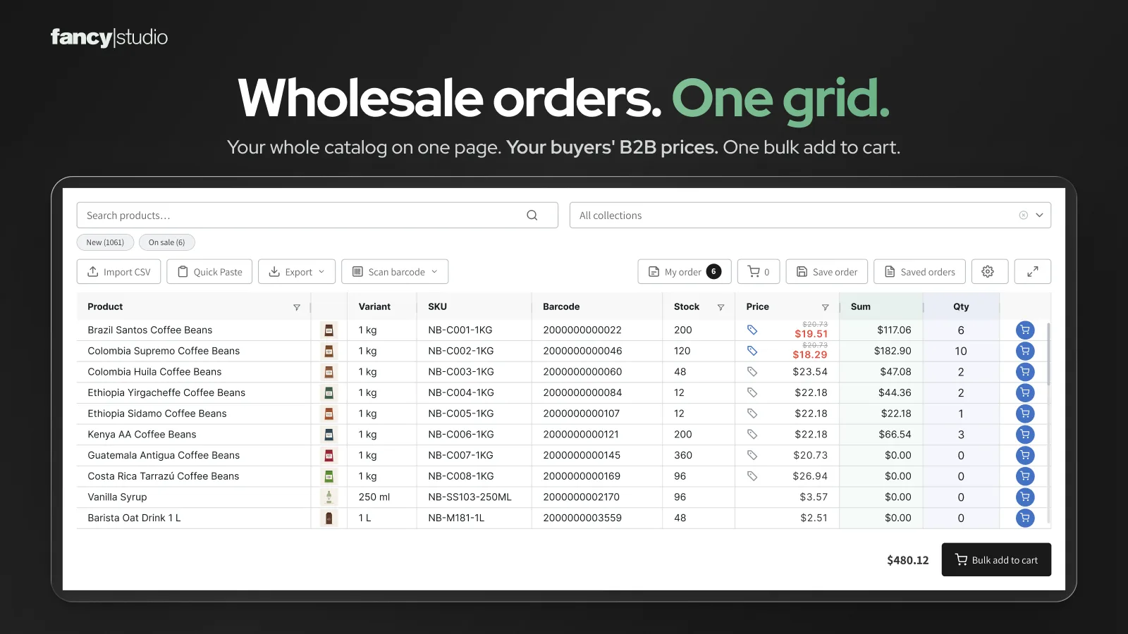 Shopify wholesale order form: the whole catalog in one grid with search, Quick Paste, CSV import, barcode scanning, saved orders, B2B prices and bulk add to cart.