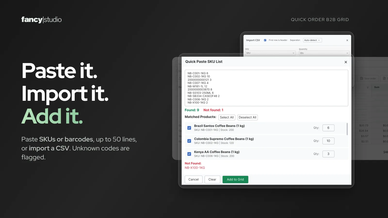 Quick Paste in the Shopify wholesale order form: a pasted list of SKUs with quantities matched to products.